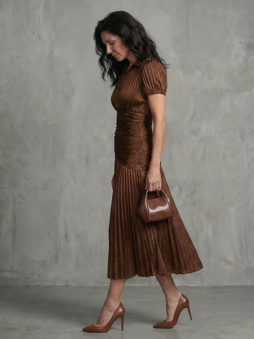 Theodora™ | Midi Dress with Pleated Waist and Stripes