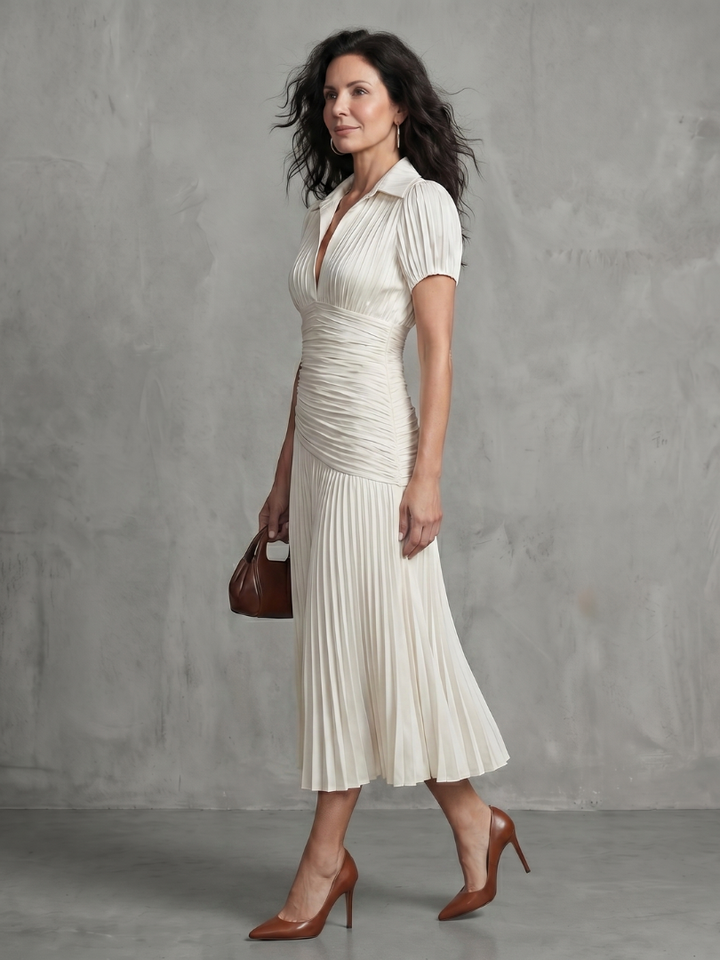 Theodora™ | Midi Dress with Pleated Waist and Stripes