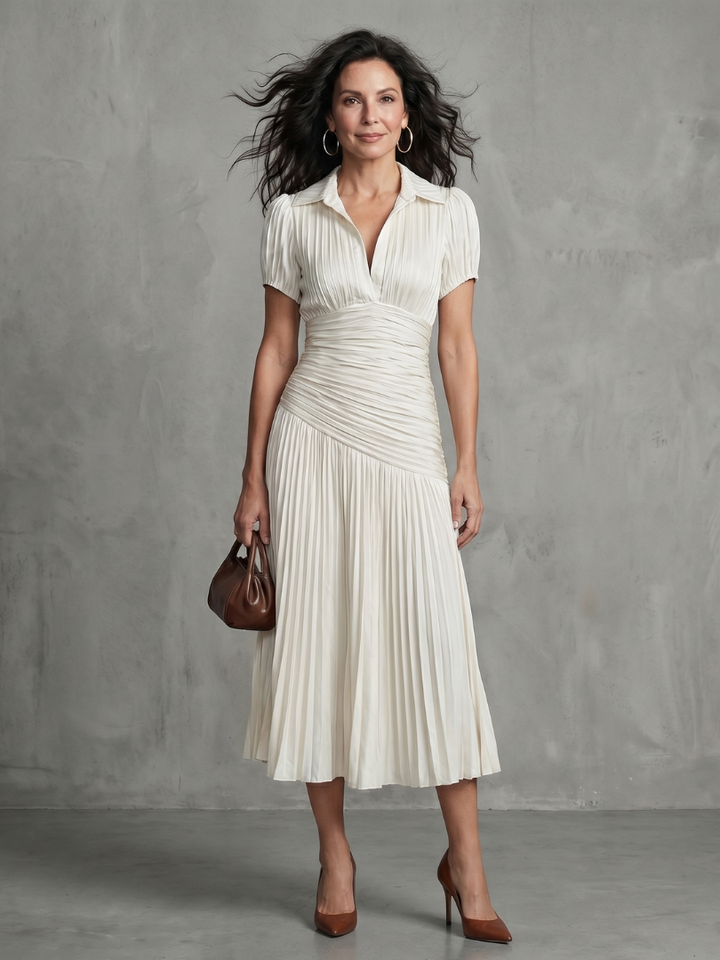 Theodora™ | Midi Dress with Pleated Waist and Stripes