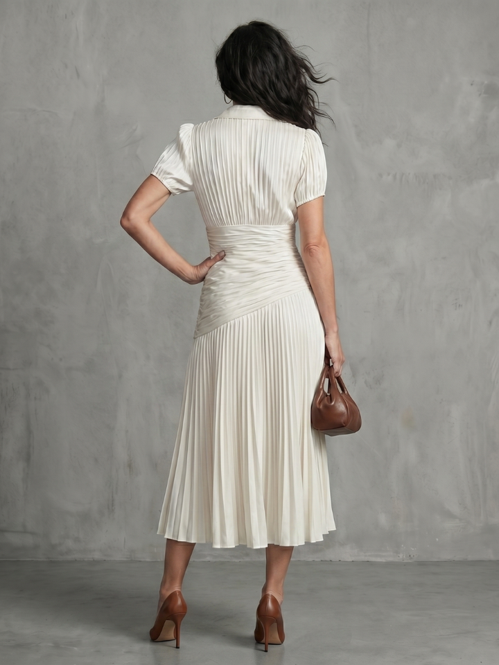 Theodora™ | Midi Dress with Pleated Waist and Stripes