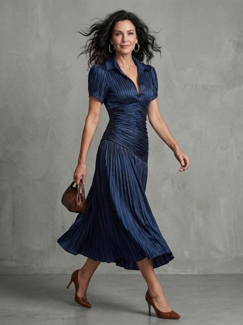 Theodora™ | Midi Dress with Pleated Waist and Stripes