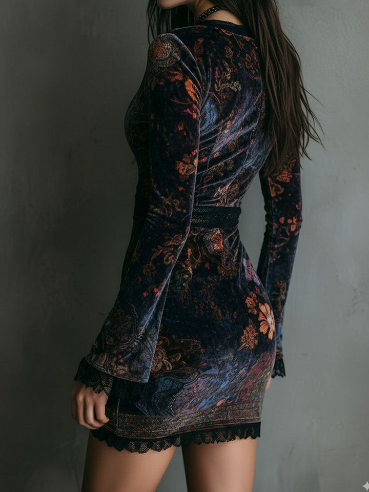 Marisol™ | Boho cvjetna baršunasta mini haljina