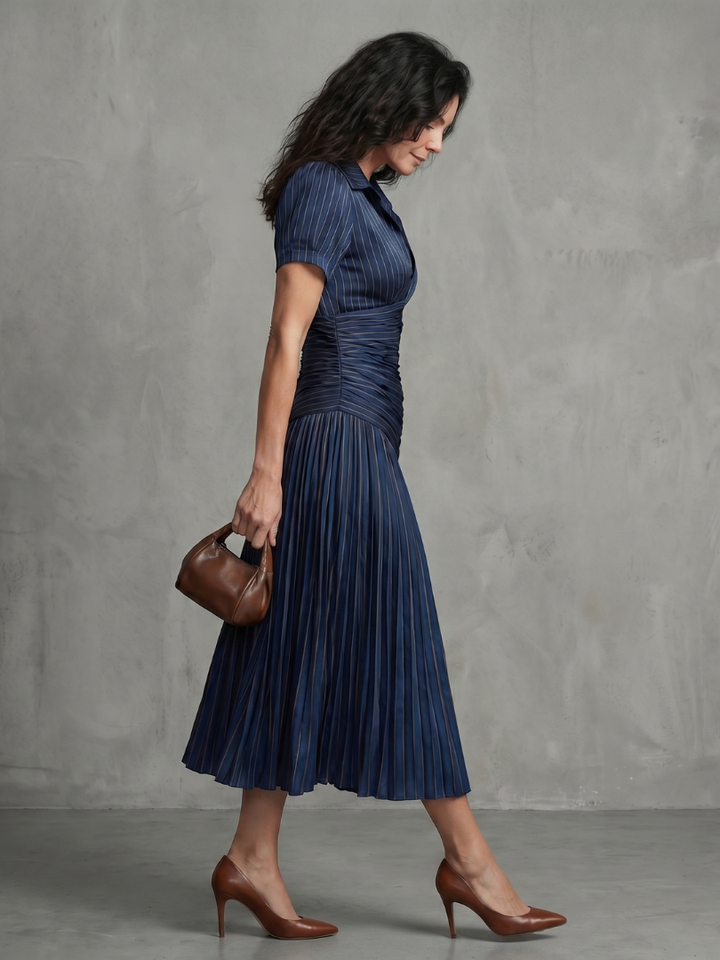 Theodora™ | Midi Dress with Pleated Waist and Stripes