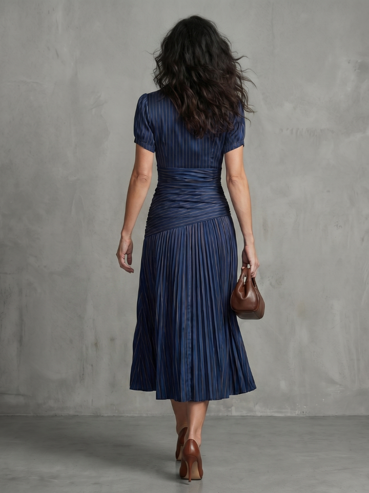 Theodora™ | Midi Dress with Pleated Waist and Stripes