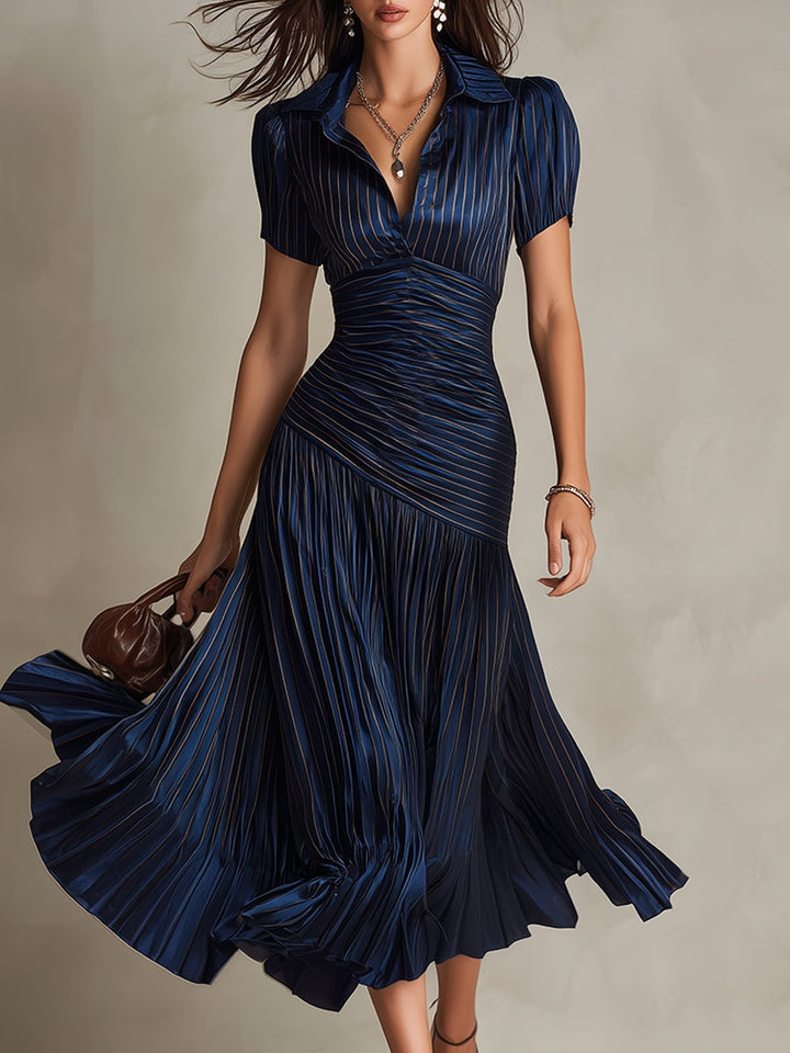 Theodora™ | Midi Dress with Pleated Waist and Stripes