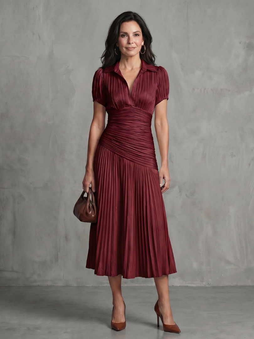 Theodora™ | Midi Dress with Pleated Waist and Stripes