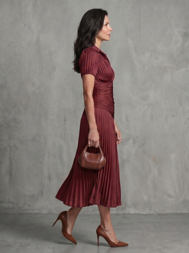 Theodora™ | Midi Dress with Pleated Waist and Stripes