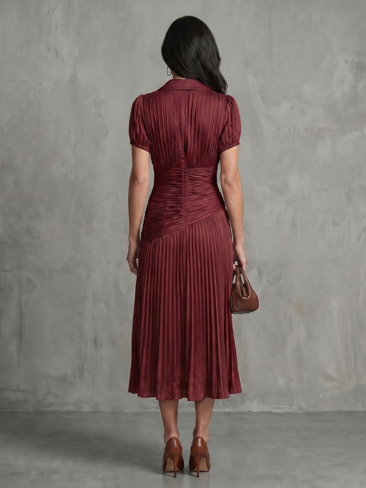 Theodora™ | Midi Dress with Pleated Waist and Stripes