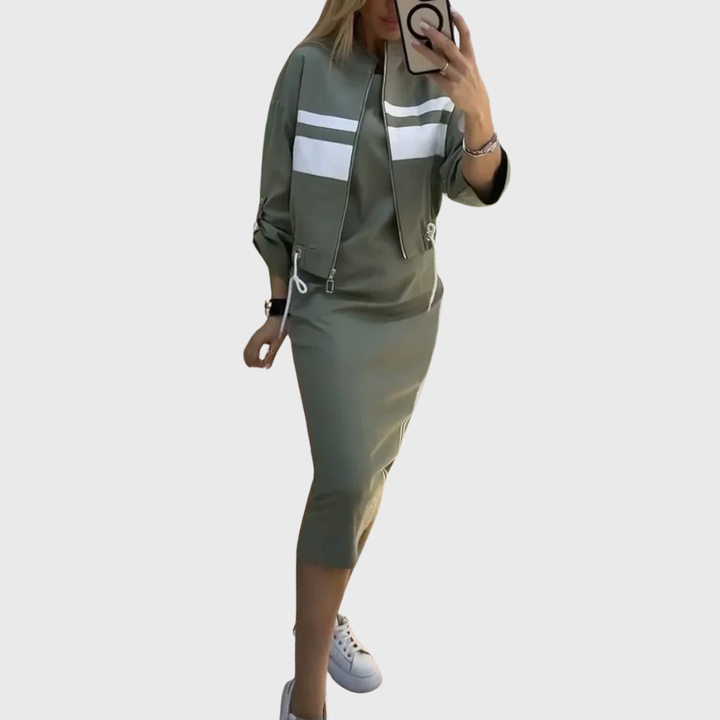 Karina™ | Dvodijelni sportski set s gornjim dijelom na patentni zatvarač i midi suknjom