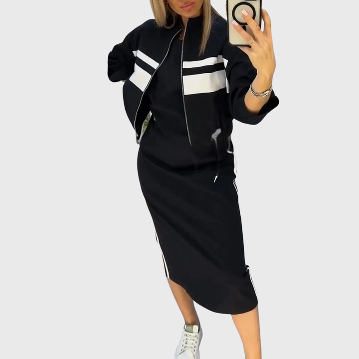 Karina™ | Dvodijelni sportski set s gornjim dijelom na patentni zatvarač i midi suknjom