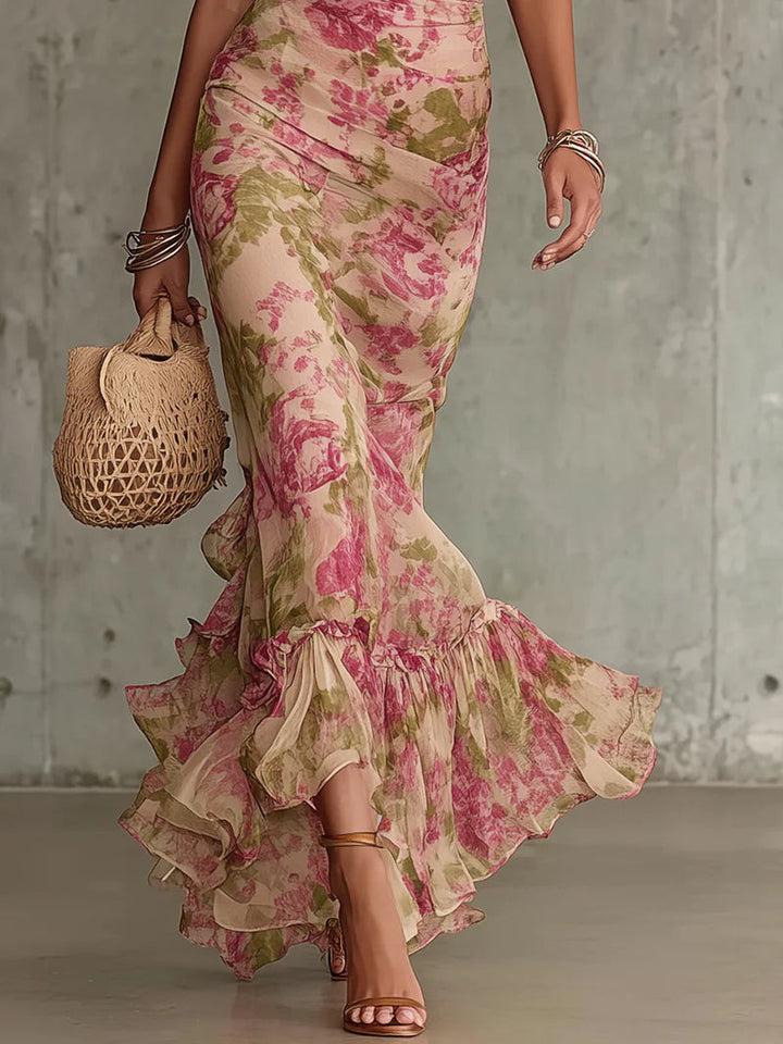 Margaret™ | Vintage Pink Maxi Dress with Balloon Sleeves