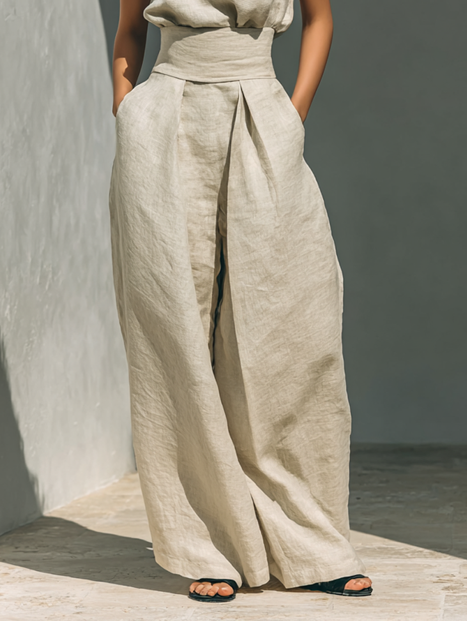 Dorothy • A set consisting of a strapless beige top and wide-leg trousers
