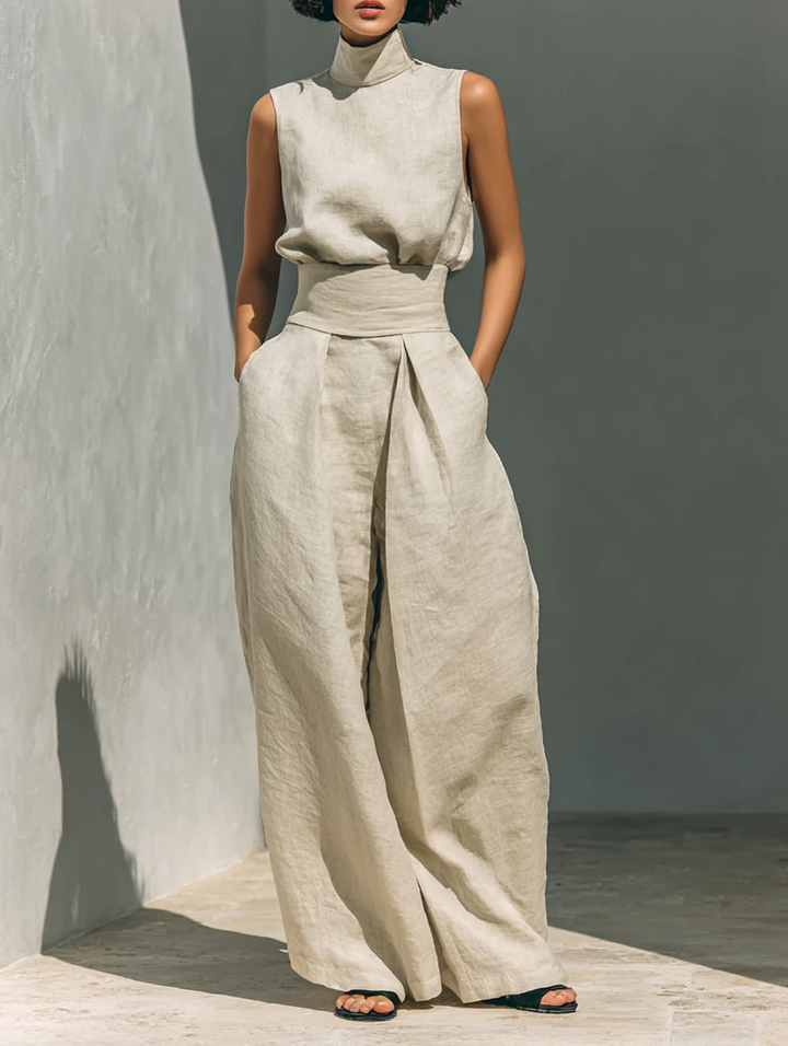 Dorothy • A set consisting of a strapless beige top and wide-leg trousers