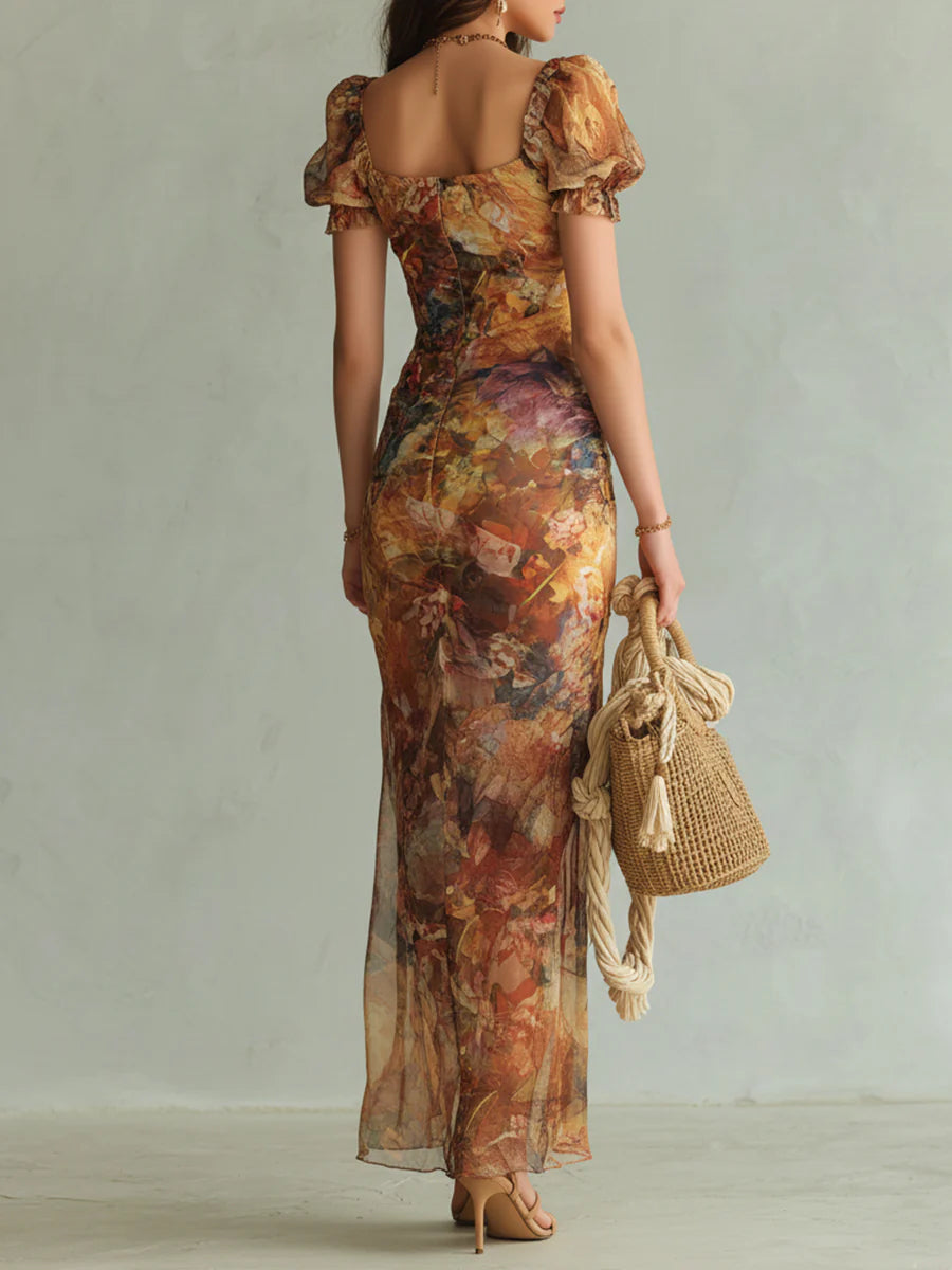 Violeta | Duga narančasta haljina od chiffon s uljnom slikom u boemskom stilu