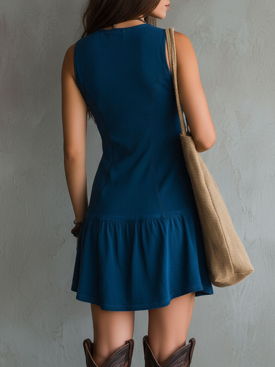 Indira™ | Indigo Mini Haljina Bez Rukava s Gumbima