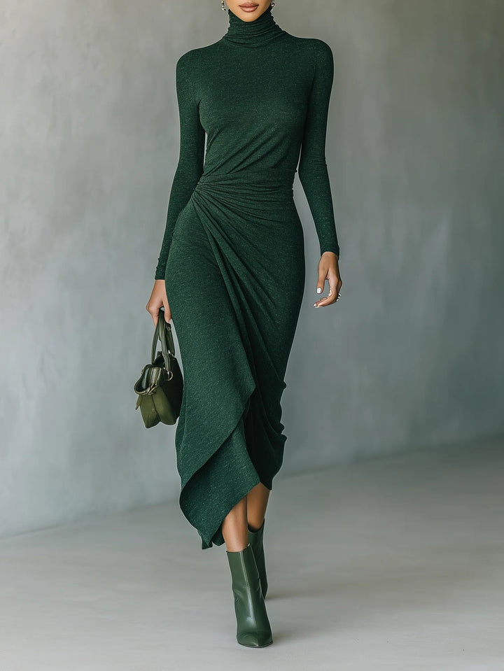 Helen ∙ Asymmetrical midi dress with pleats and a high collar in dark green