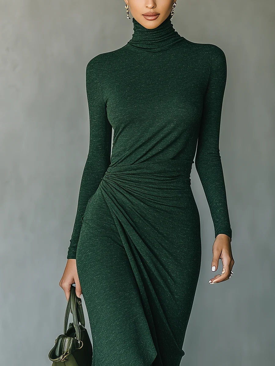 Helen ∙ Asymmetrical midi dress with pleats and a high collar in dark green