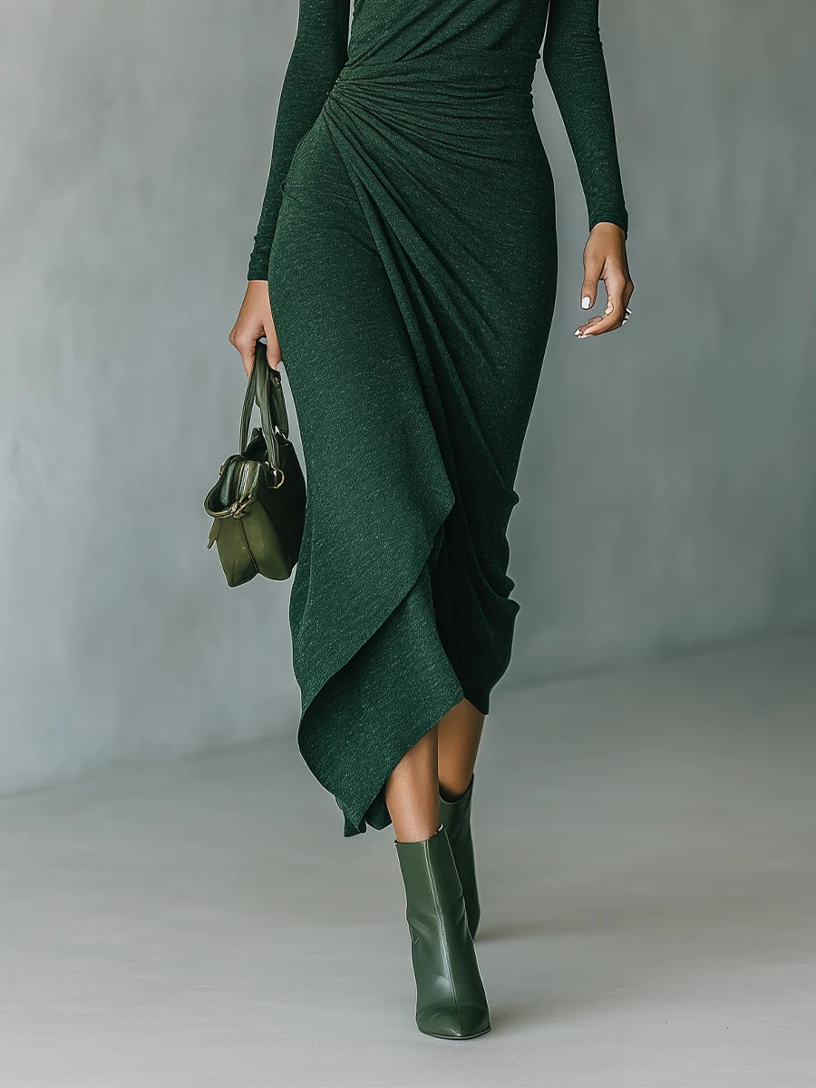 Helen ∙ Asymmetrical midi dress with pleats and a high collar in dark green