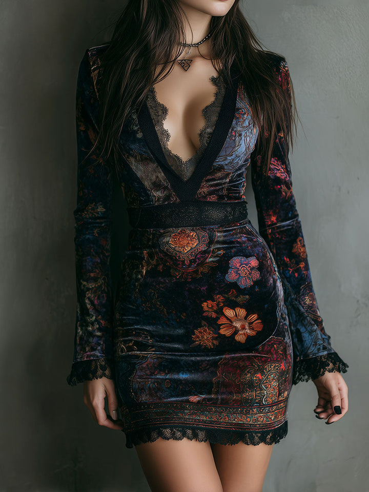 Marisol™ | Boho cvjetna baršunasta mini haljina