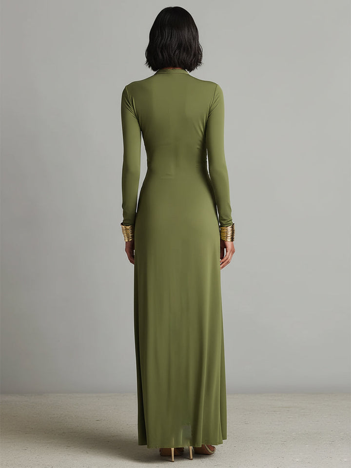 Valentina™ | Maslinasto zelena maxi haljina s dubokim V-izrezom i volanima