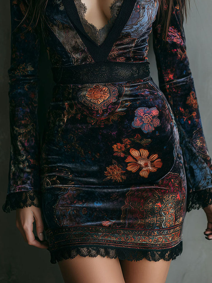 Marisol™ | Boho cvjetna baršunasta mini haljina