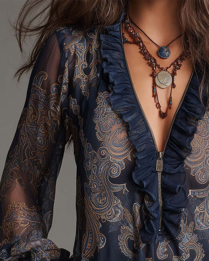 Demi | Retro nabrana bluza s patentnim zatvaračem
